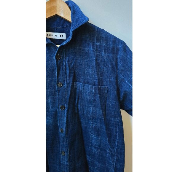 Free People Studio 189 Blue Indigo Patchwork Short Sleeved Shirt in a Size Small - Picture 1 of 4